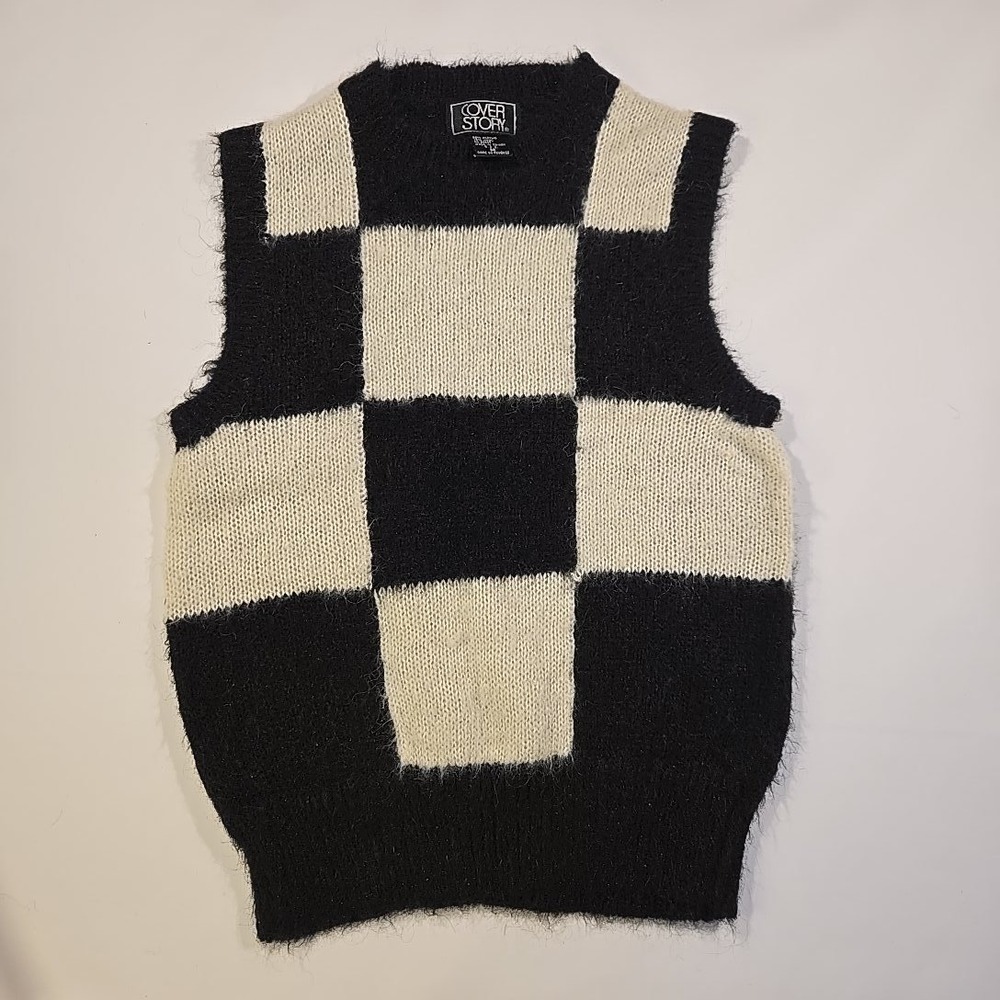 VTG Cover Story M Black White Fuzzy Checkered‎ Sweater Vest Taiwan 80s Knit Top
